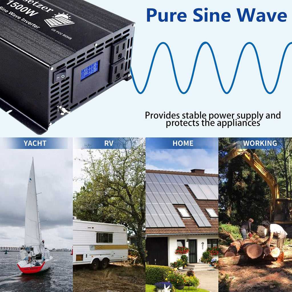 1500w 12v Pure Sine Wave Power Inverter DC to AC 110v 120v with Dual US Outlet and LCD Display U397