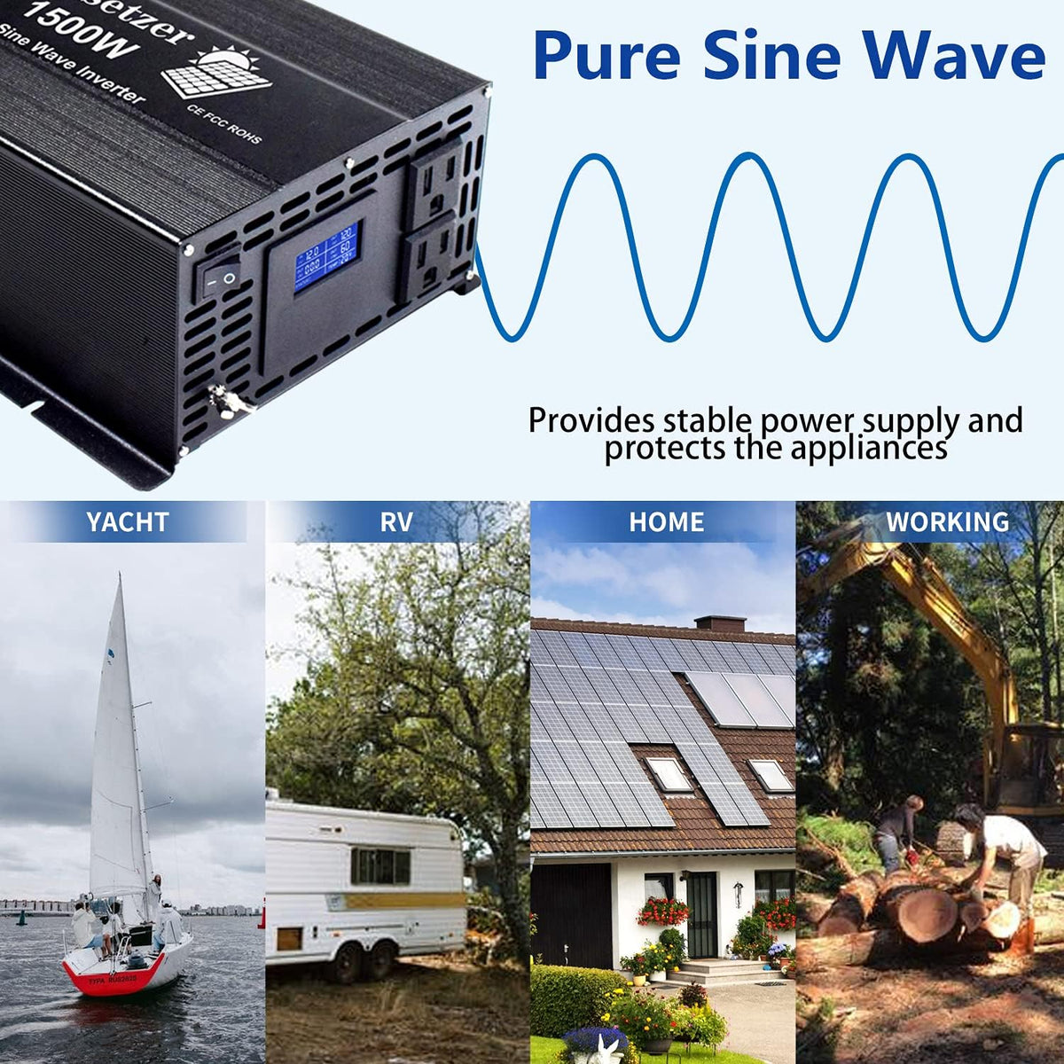 1500w 12v Pure Sine Wave Power Inverter DC to AC 110v 120v with Dual US Outlet and LCD Display U397