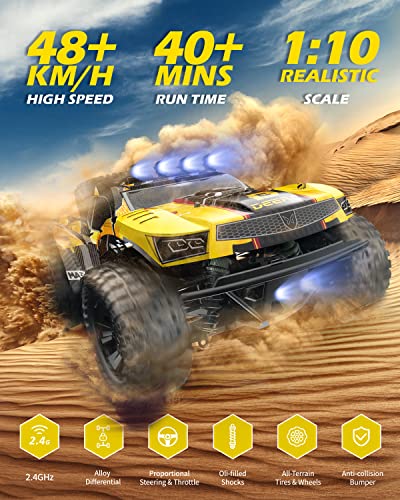 1:10 Large Remote Control Truck with Lights, 48 km/h 4x4 Off-Road Electric Vehicle with 2 Rechargeable Batteries A606