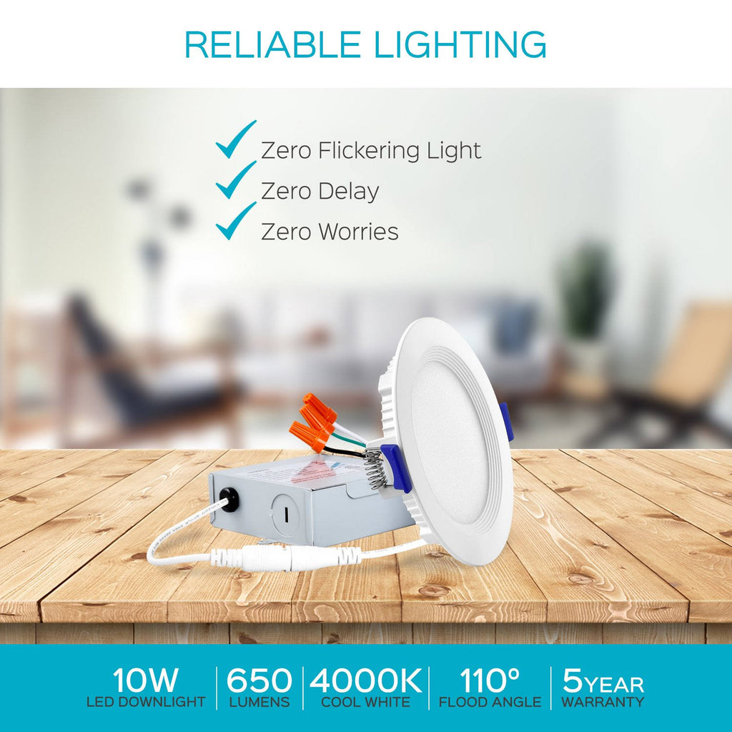4 inch Ultra Thin LED Recessed Light with Junction Box, 10W, 4000K Cool White Dimmable, 650 Lumens L116