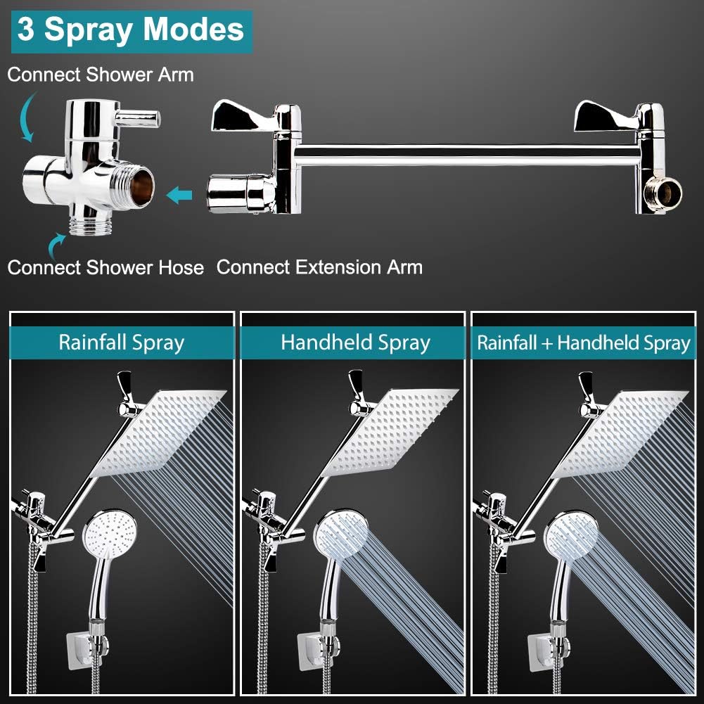 Chrome Stainless Steel Rainfall Shower Head Combo with Extension Arm, Holder, Hose, 4 Hooks, Pack of 2 T12472
