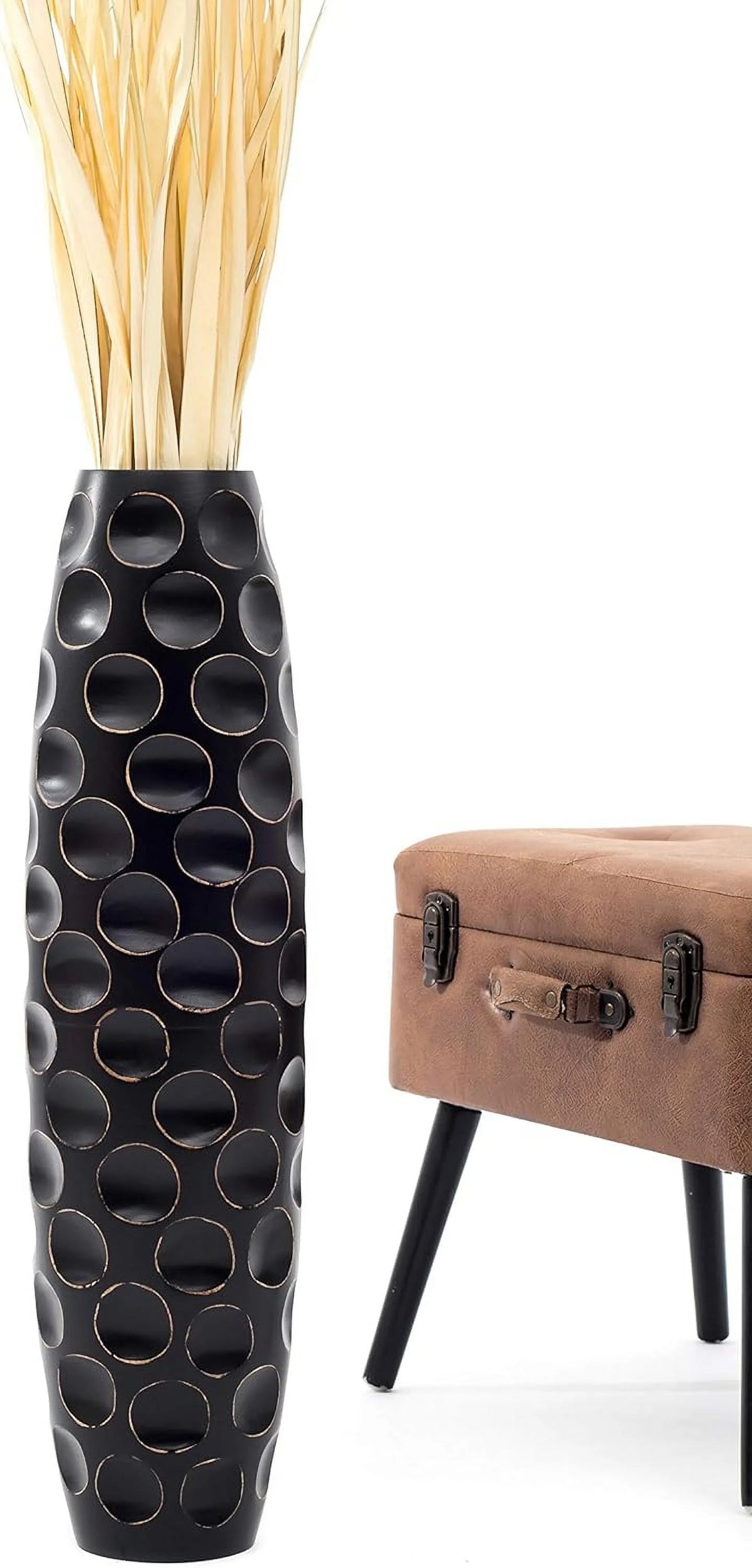 Large Black Handmade Wood Floor Vase 28 inches Z338659