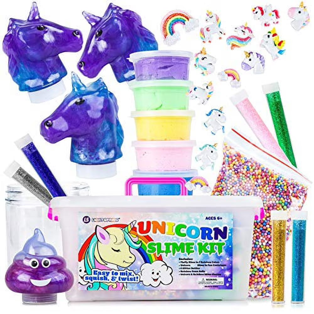 Unicorn Slime Kit with Fluffy Slime, Charms, Emoji Slime, Floam Beads, Glitter Add Ins DIY Slime Making Kit and Slime Accessories X7152
