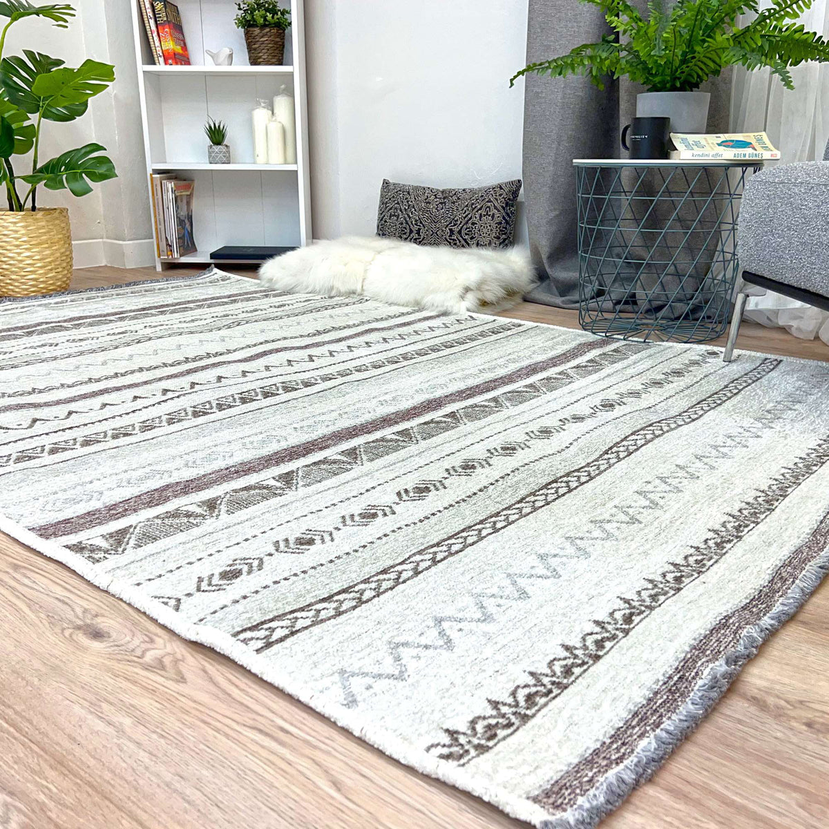 4x6 Grey Cream Cotton Washable Area Rugs U217177