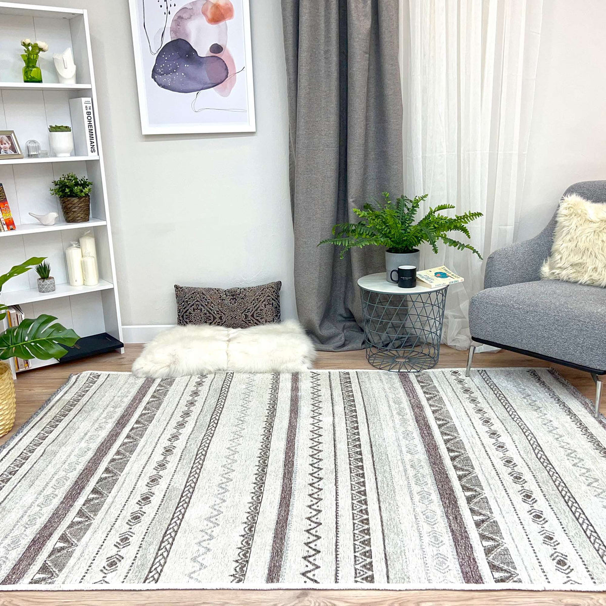 4x6 Grey Cream Cotton Washable Area Rugs U217177