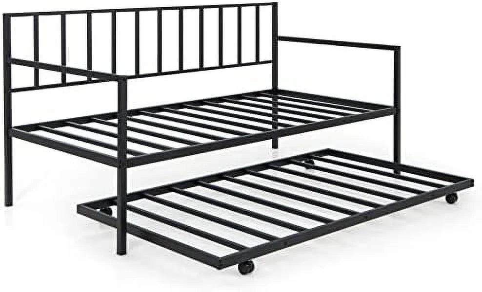 Black Metal Twin Daybed Frame with Slat Support and Guardrails F97754