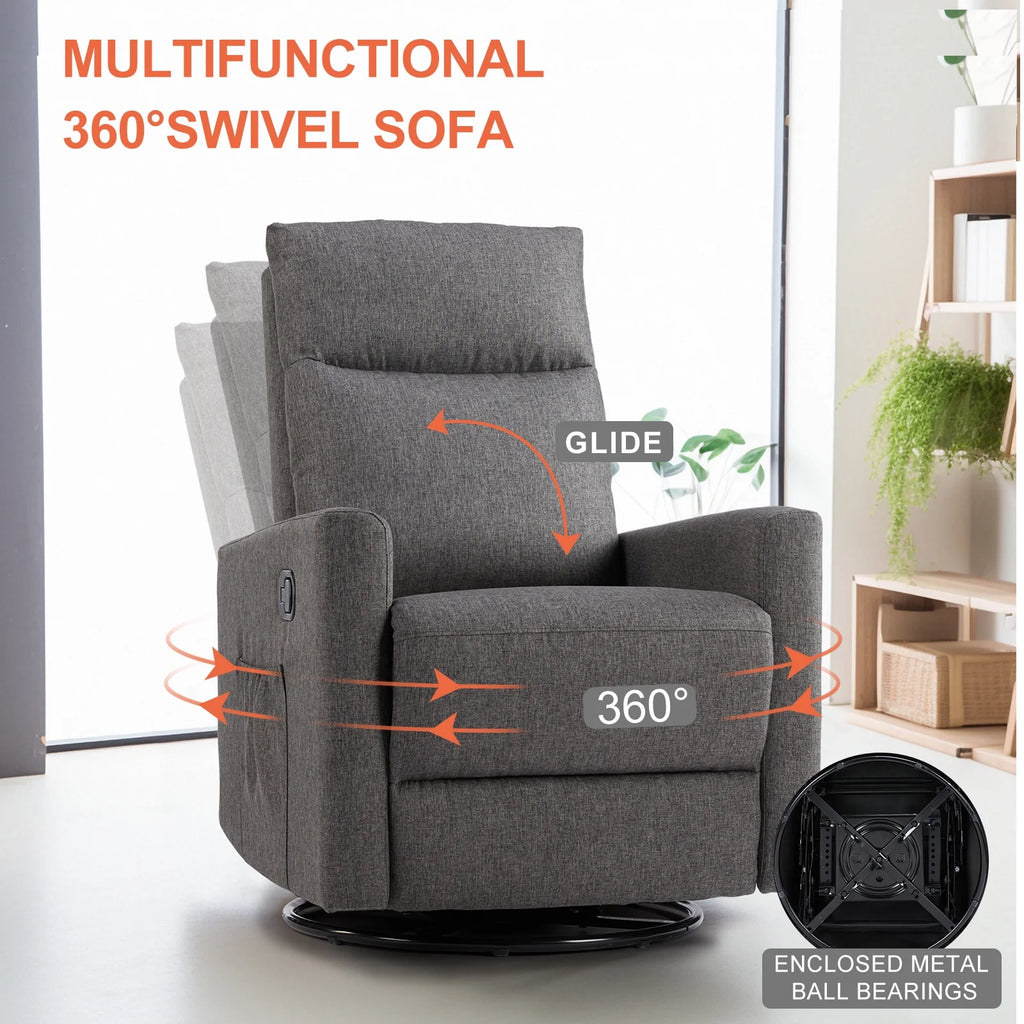Grey Swivel Glider Rocker Recliner Chair with Adjustable Backrest and Footrest M4631