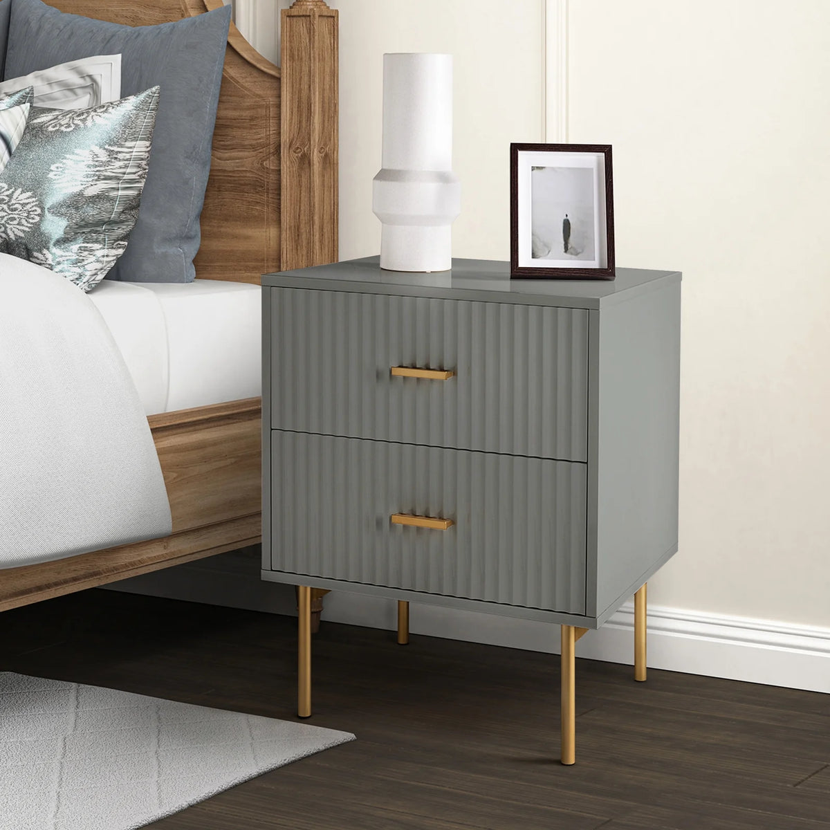 Grey Wood 2 Drawer Nightstand W4890