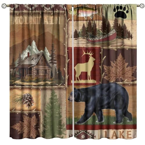 Rustic Bear Moose Deer Curtains, Retro Pine Tree Cabin Country Lodge Camping Window Treatments Vintage Tribal Aztec Abstract Geometric Blackout Window Drapes 42x63in V8562