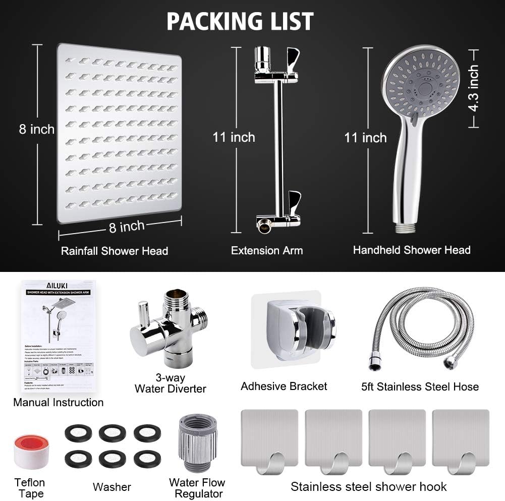Chrome Stainless Steel Rainfall Shower Head Combo with Extension Arm, Holder, Hose, 4 Hooks, Pack of 2 T12472