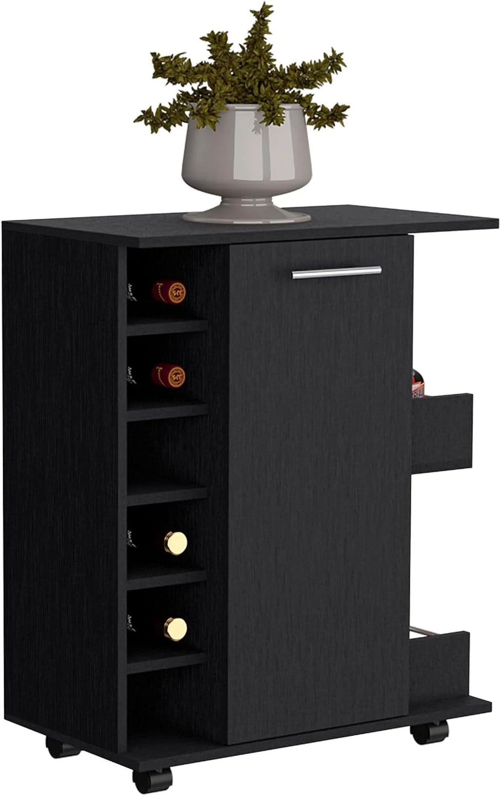 Black Bar Cart with 6 Built In Bottle Racks and 2 Open Side Shelves Z3413