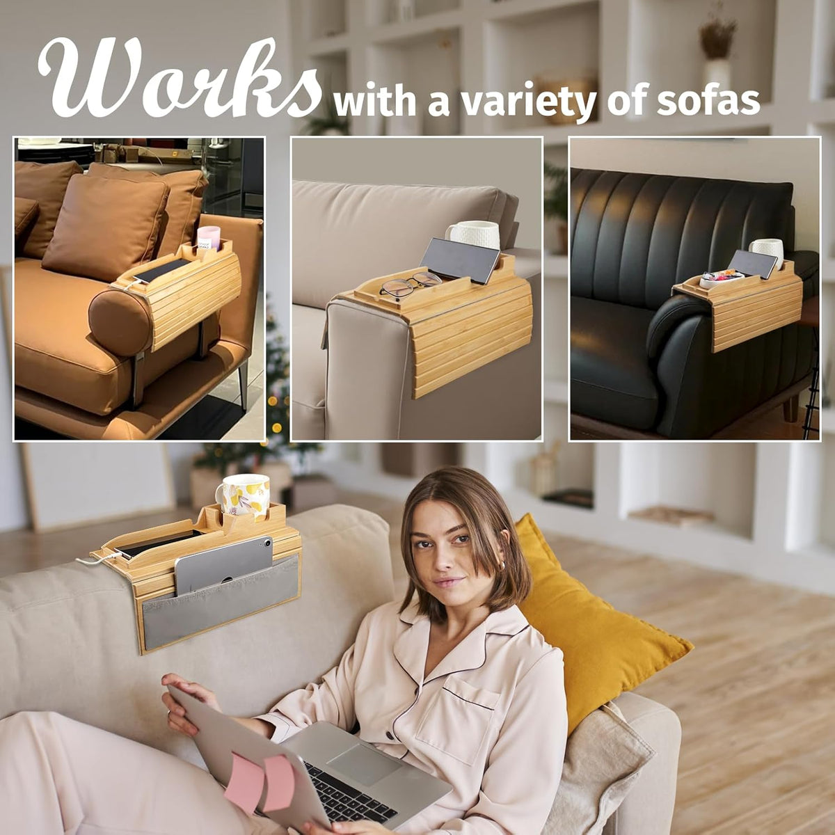 Natural Bamboo Couch Cup Holder Tray with Side Storage Pocket S9295