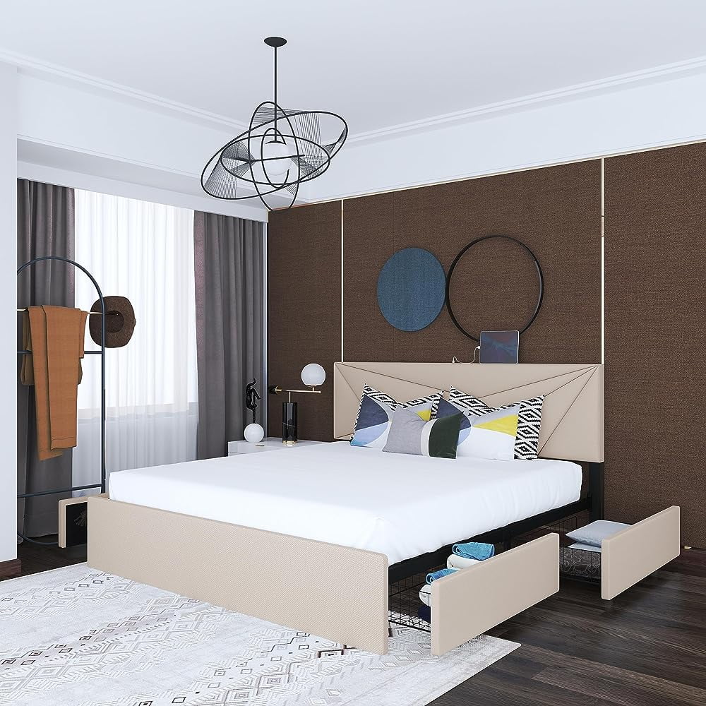 Full Size Platform Bed Frame with 4 Drawers and Adjustable Headboard K718404