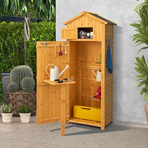 71" Tall Wooden Lockable Storage Shed with Foldable Work Table C5530