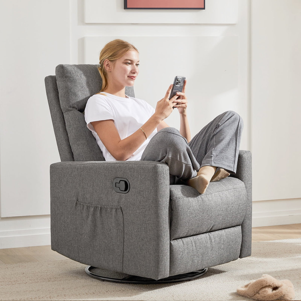 Grey Swivel Glider Rocker Recliner Chair with Adjustable Backrest and Footrest M4631