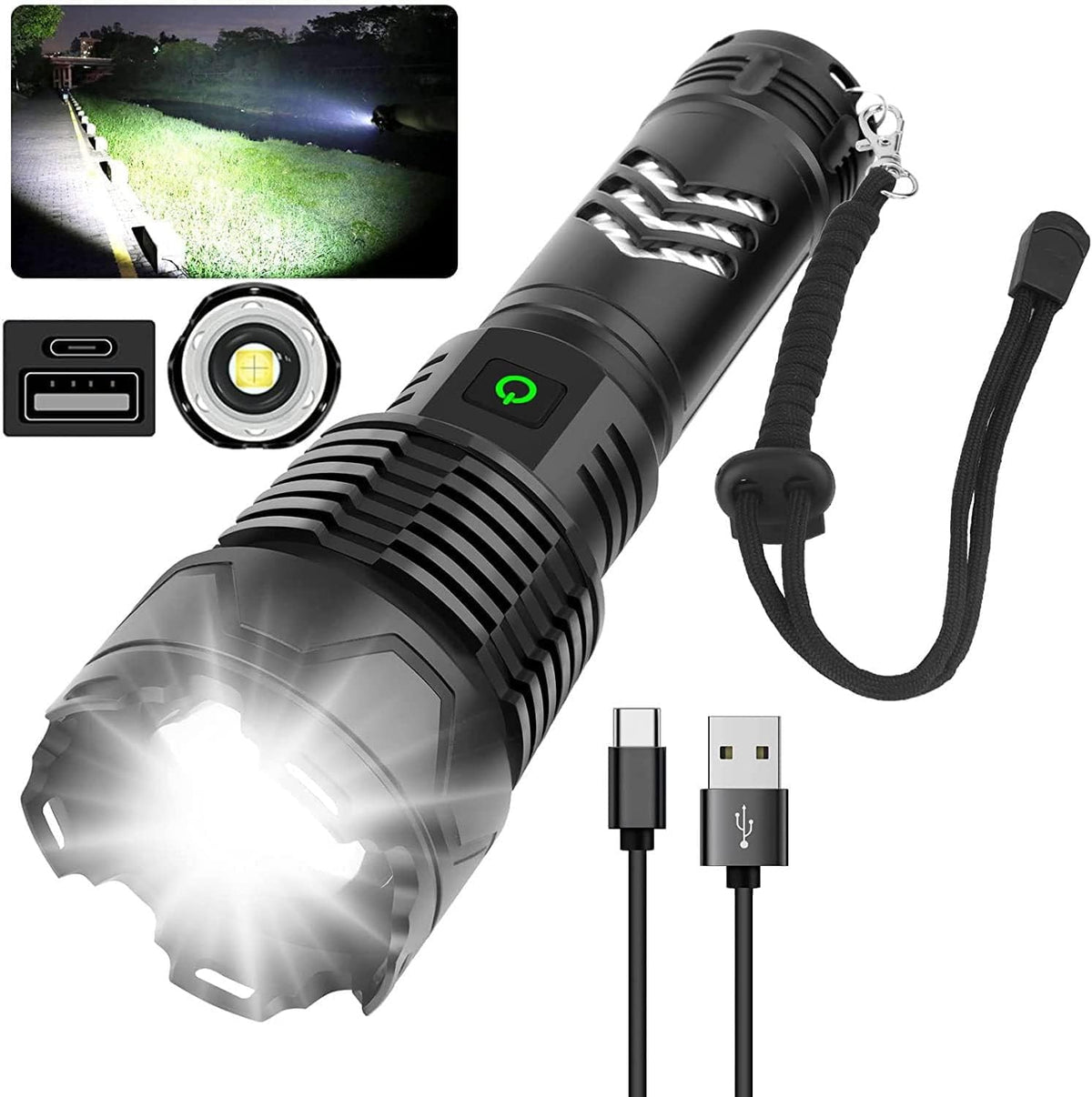 Rechargeable LED Tactical Flashlight, 120000 Lumen, USB Fast Charge, IPX6 Waterproof Y6489