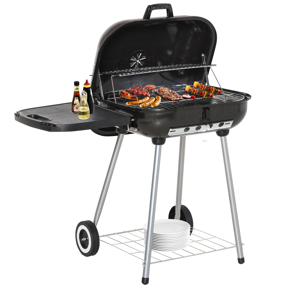 Portable Steel Charcoal Barbecue Grill with Shelf and Tray D962676