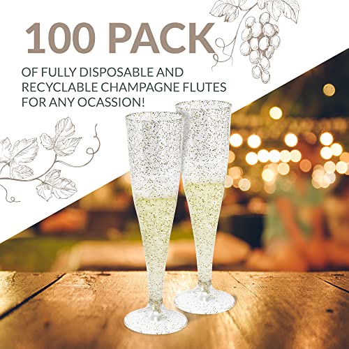 100 Pack 4.5 oz Gold Glitter Plastic Champagne Flutes Y988