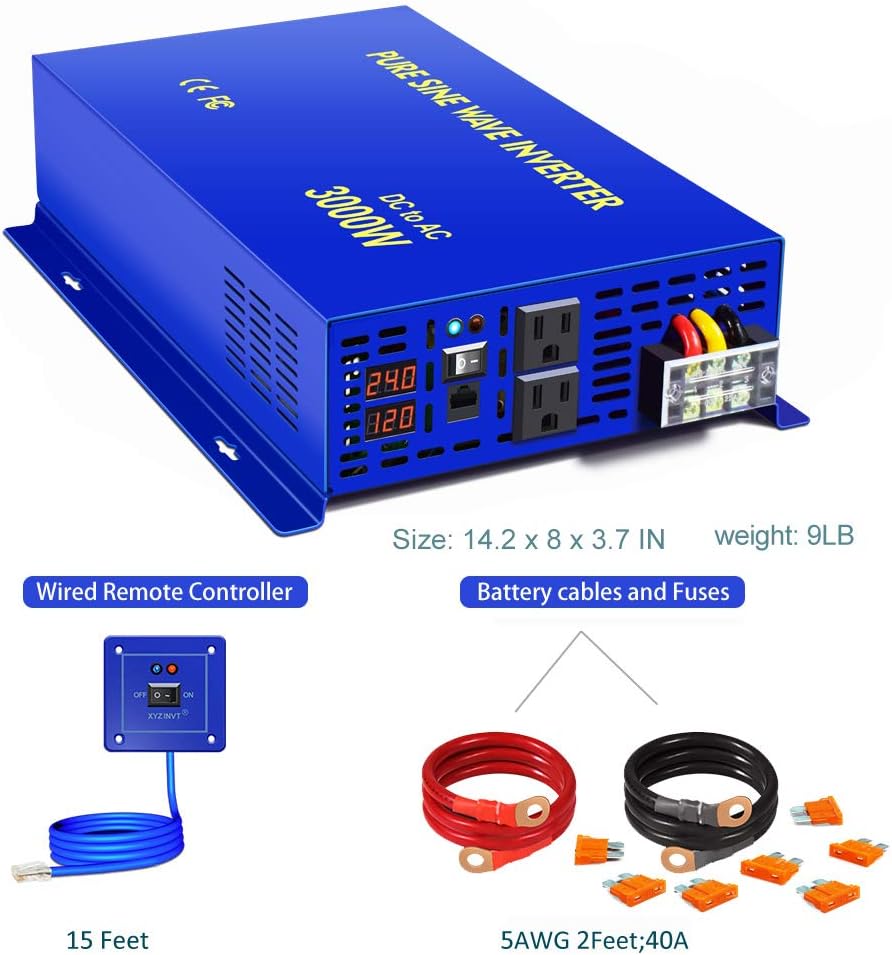 3000W Pure Sine Wave Power Inverter 24V DC to AC 120V with 15ft Cable Remote Switch Controller I6333