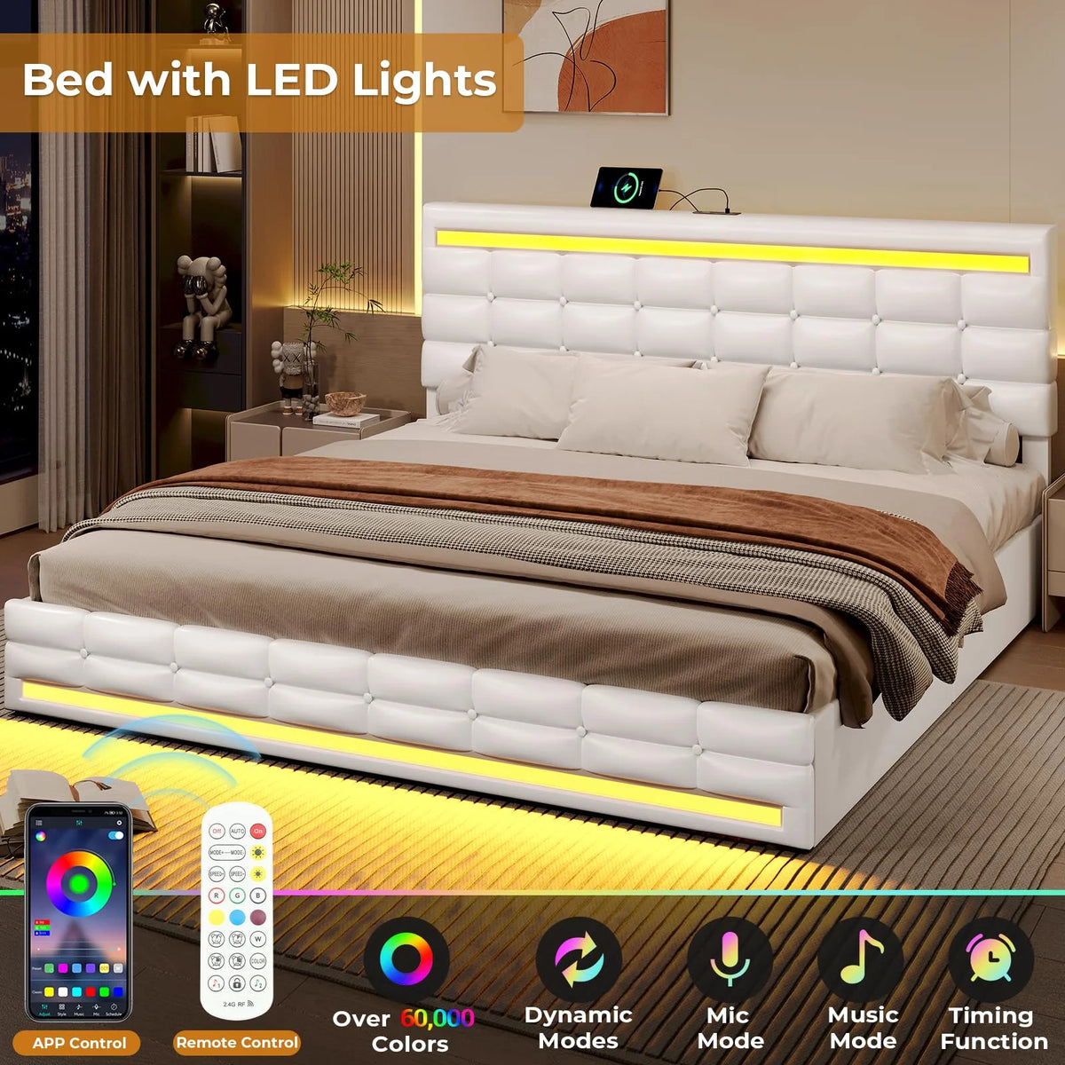 King Size White LED Bed Frame with USB Ports and Storage Drawers B219902