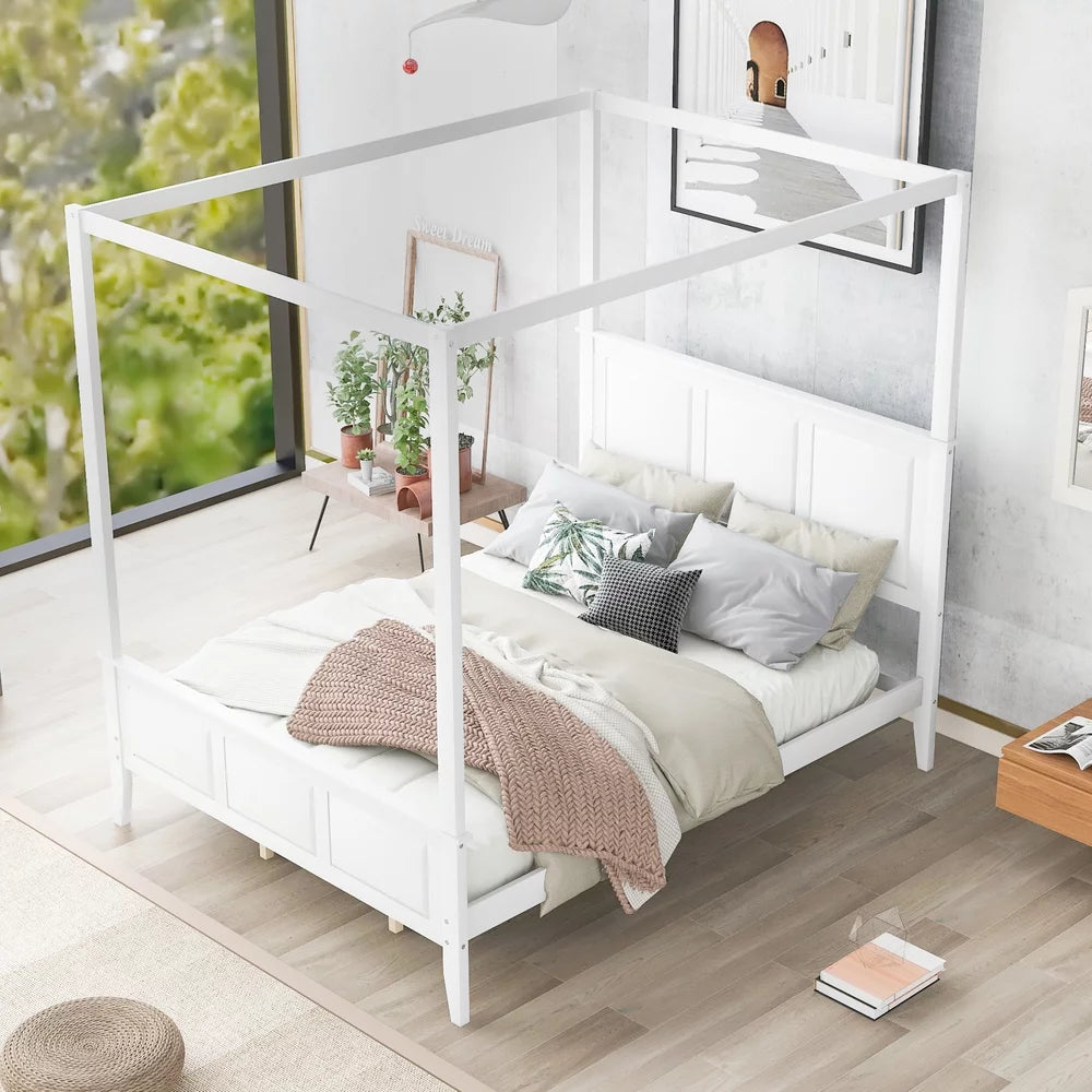 Queen Size Canopy Platform Bed with Headboard and Footboard White Q998409