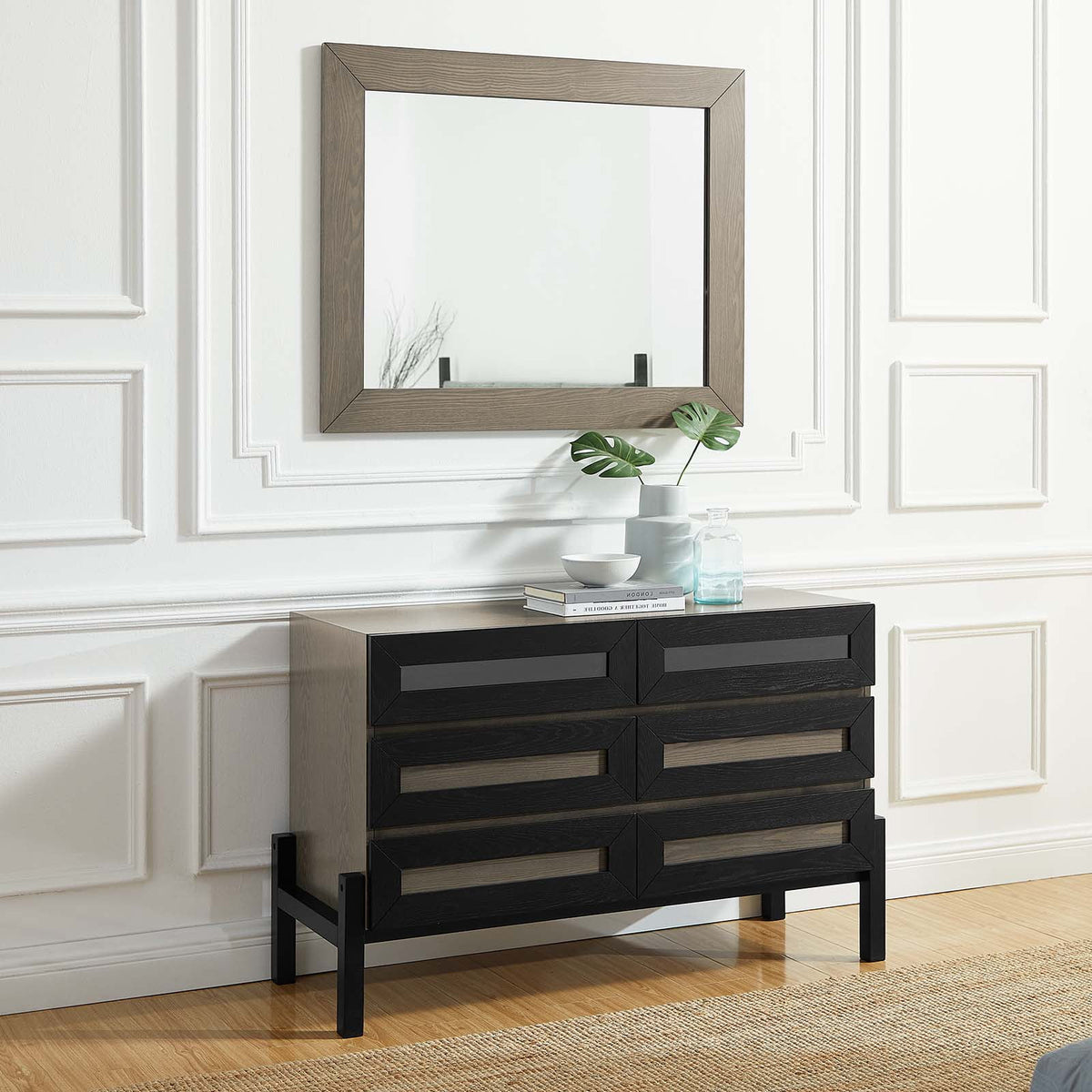 Brown Oak Wood Dresser Drawer Chest Mirror Set C75170