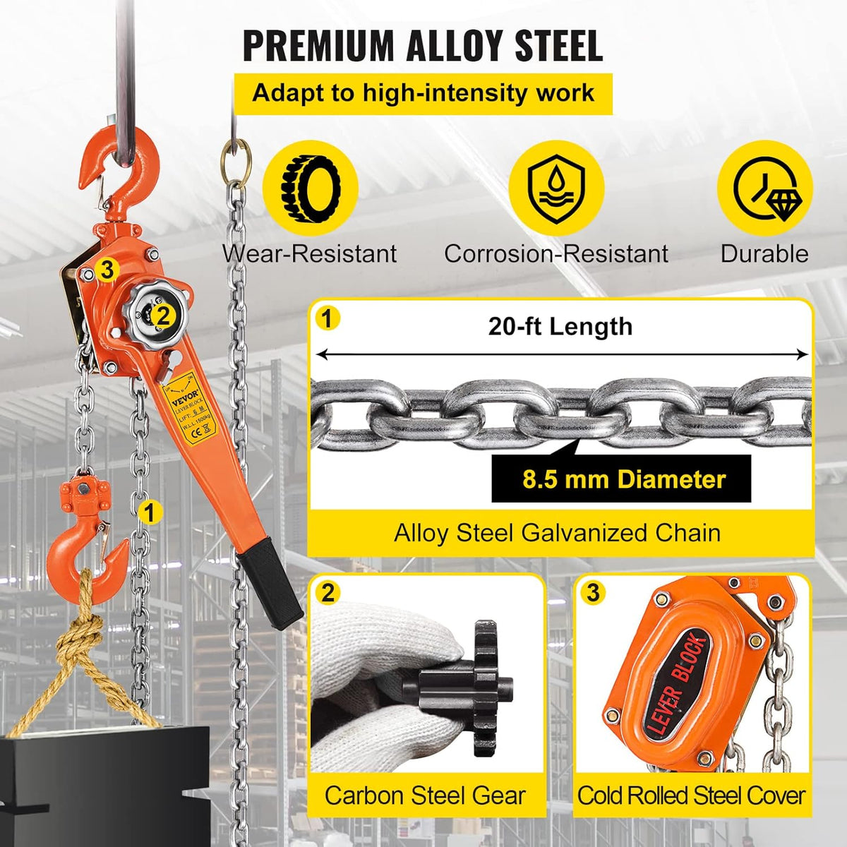 1.5Ton 3300lbs Capacity Ratchet Puller with 20FT Lifting Height, 2 Heavy Duty Steel Hooks C20134
