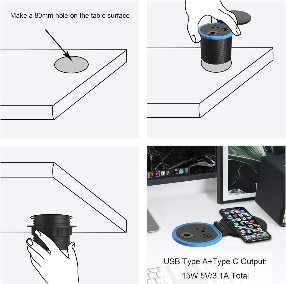 Desktop Power Grommet with Wireless Charger, USB C, Pack of 2 J8519