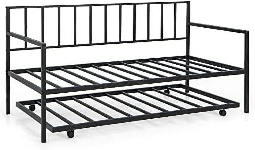 Black Metal Twin Daybed Frame with Slat Support and Guardrails F97754