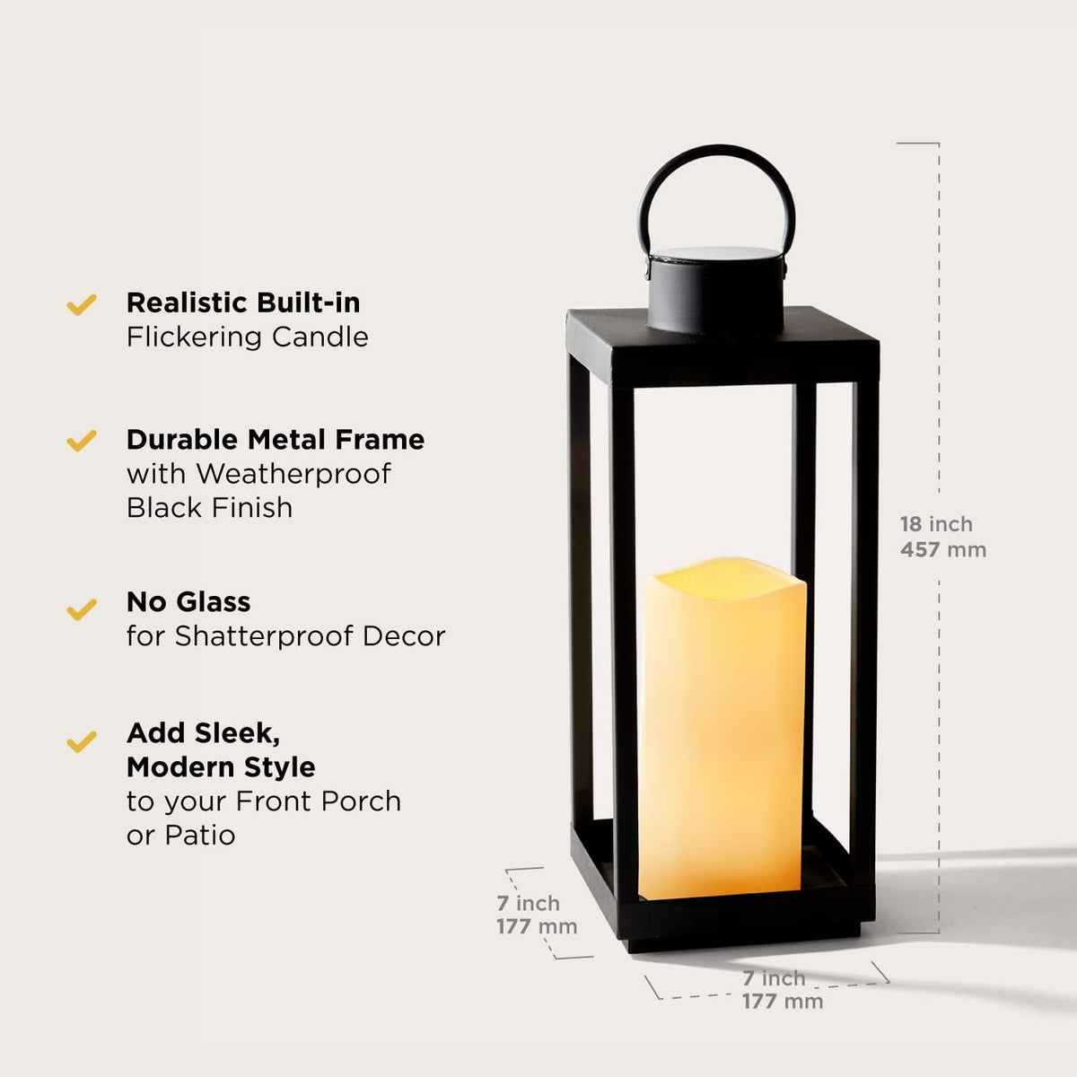 Large Outdoor Lantern with Solar Candle, 18 Inch Tall, Matte Black Metal Frame, Waterproof Flameless Pillar Candle S803277