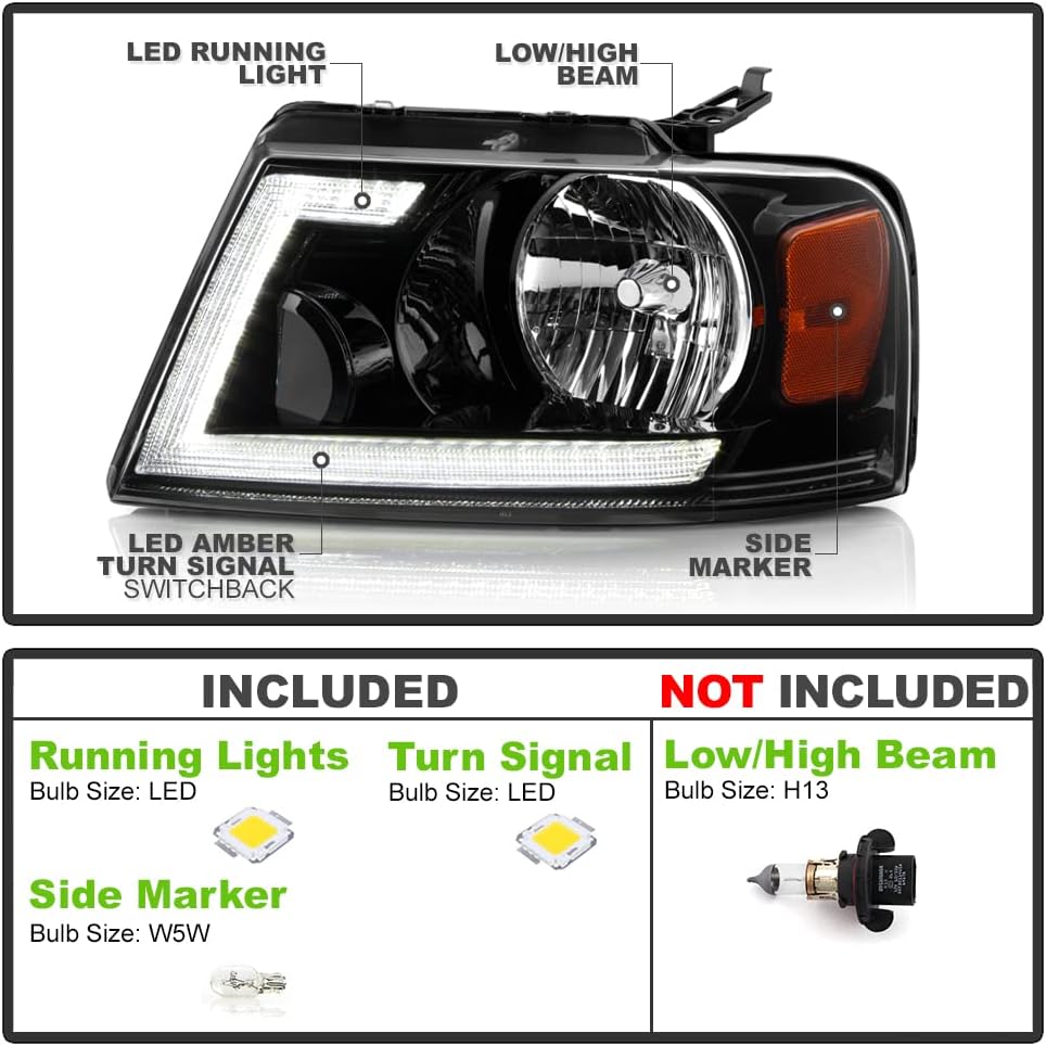 Black LED Tube Switchback Signal Headlights Headlamps I362