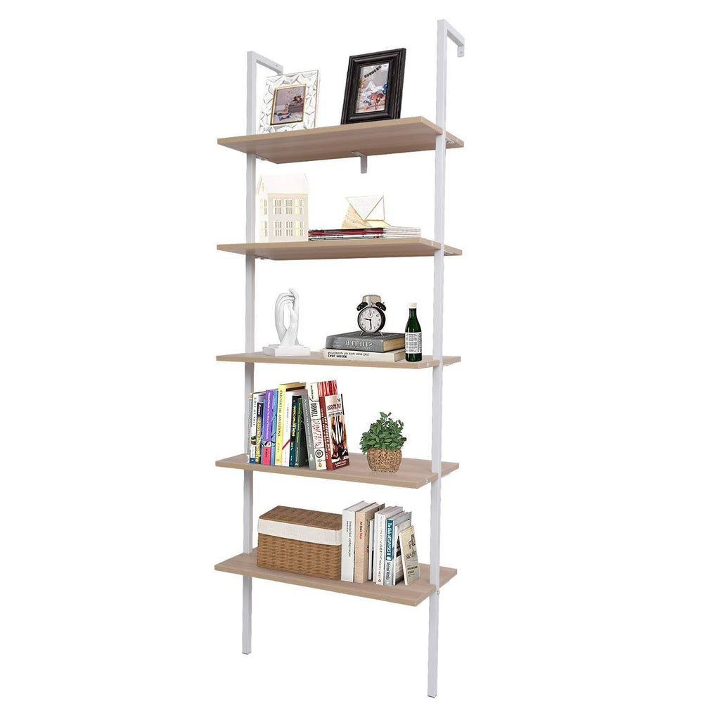 Walnut Beige 5-Tier Wood Ladder Bookcase with Metal Frame R513