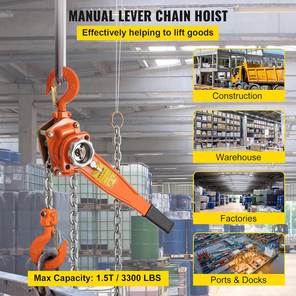 1.5Ton 3300lbs Capacity Ratchet Puller with 20FT Lifting Height, 2 Heavy Duty Steel Hooks C20134
