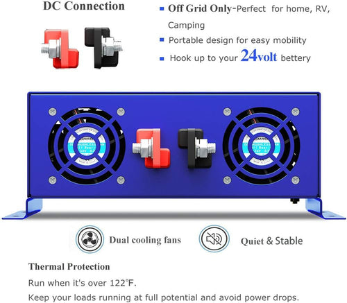 3000W Pure Sine Wave Power Inverter 24V DC to AC 120V with 15ft Cable Remote Switch Controller I6333