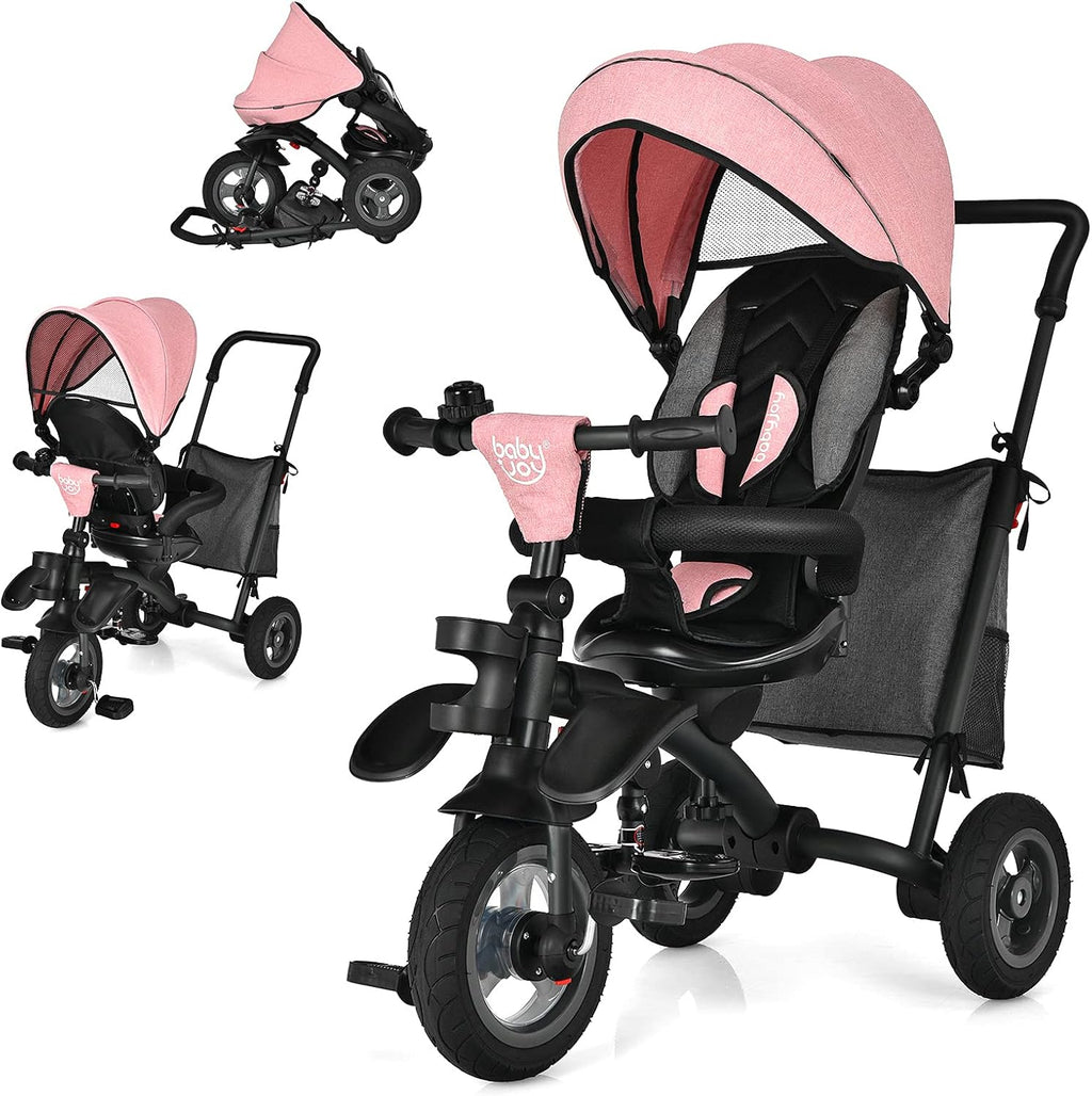 7 in 1 Folding Toddler Tricycle with Rotatable Seat, Adjustable Canopy, Push Handle, Guardrail, Safety Harness, Brakes, Cup Holder & Storage (Pink) D831251