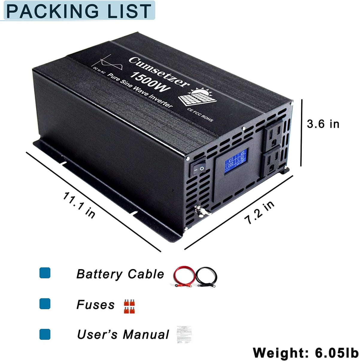 1500w 12v Pure Sine Wave Power Inverter DC to AC 110v 120v with Dual US Outlet and LCD Display U397