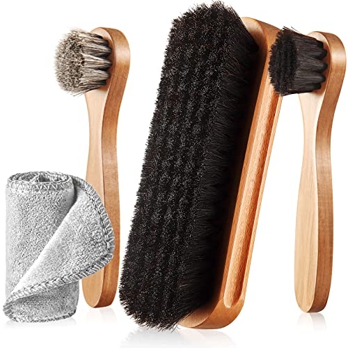 4 Pcs Horsehair Shoe Brush Kit with Microfiber Shoe Cloth Y7838