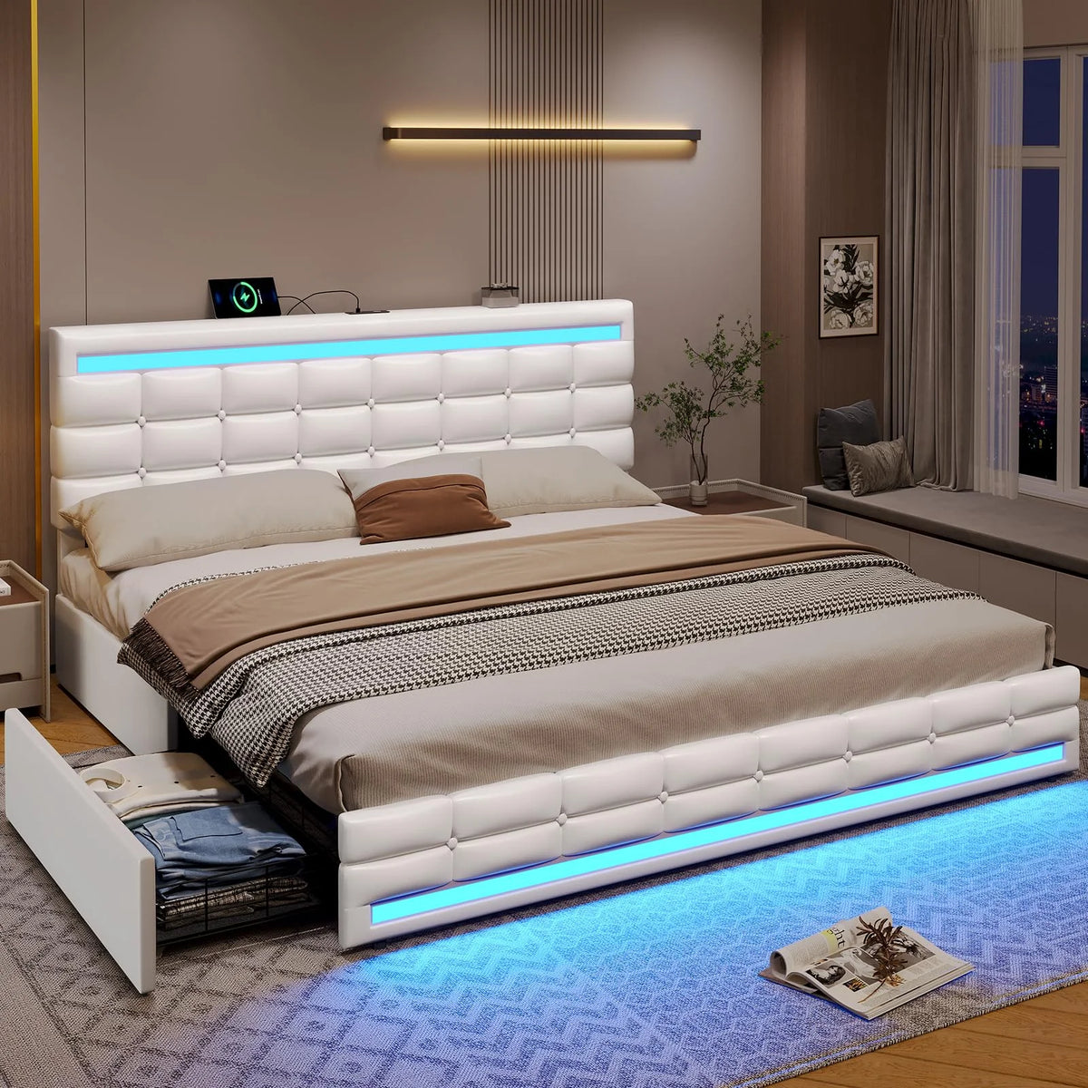 King Size White LED Bed Frame with USB Ports and Storage Drawers B219902