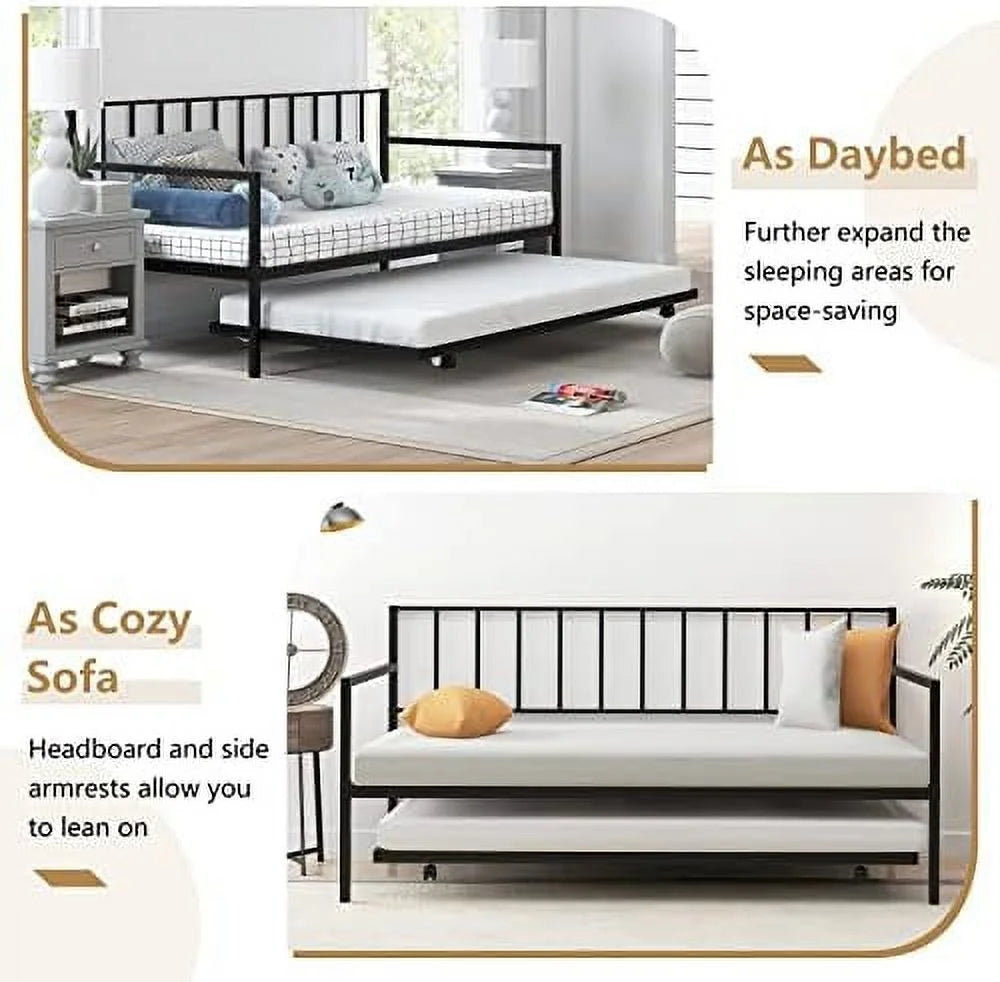 Black Metal Twin Daybed Frame with Slat Support and Guardrails F97754