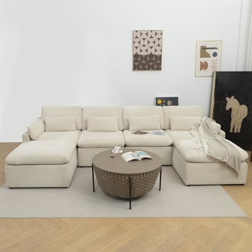 Modular Sectional Sofa, Fluffy Corduroy, Oversized 4 Seater with Ottomans O270193