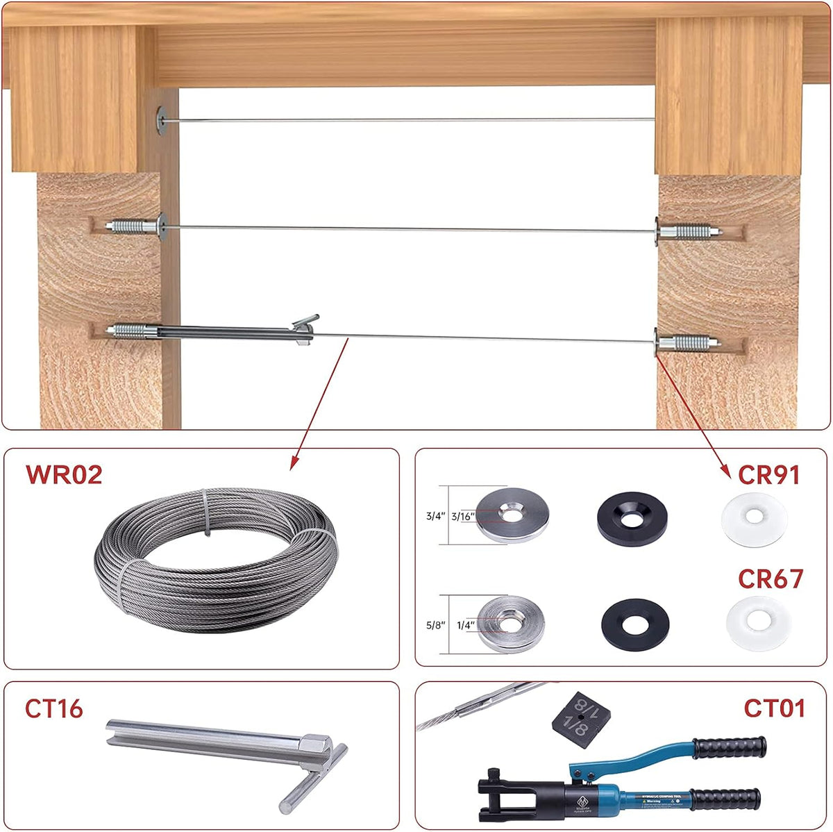 40Pack 1/8 Invisible Cable Railing Kit T316 Stainless Steel 20 Cable Line with Socket Wrench W104