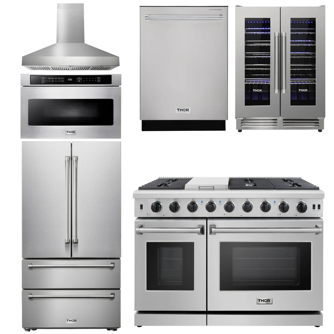 48 Gas Range, Range Hood, Refrigerator, Dishwasher, Wine Cooler, Microwave M62158