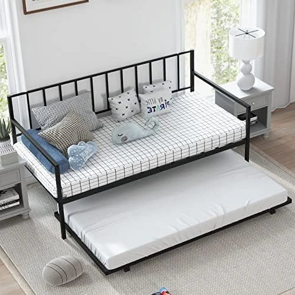 Black Metal Twin Daybed Frame with Slat Support and Guardrails F97754