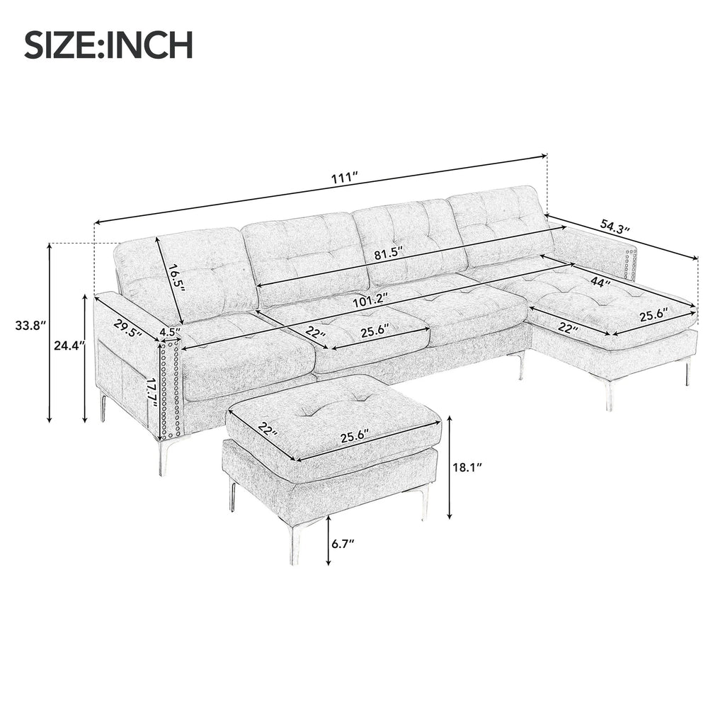Green L-Shape Convertible Sectional Sofa with Movable Ottoman O577825