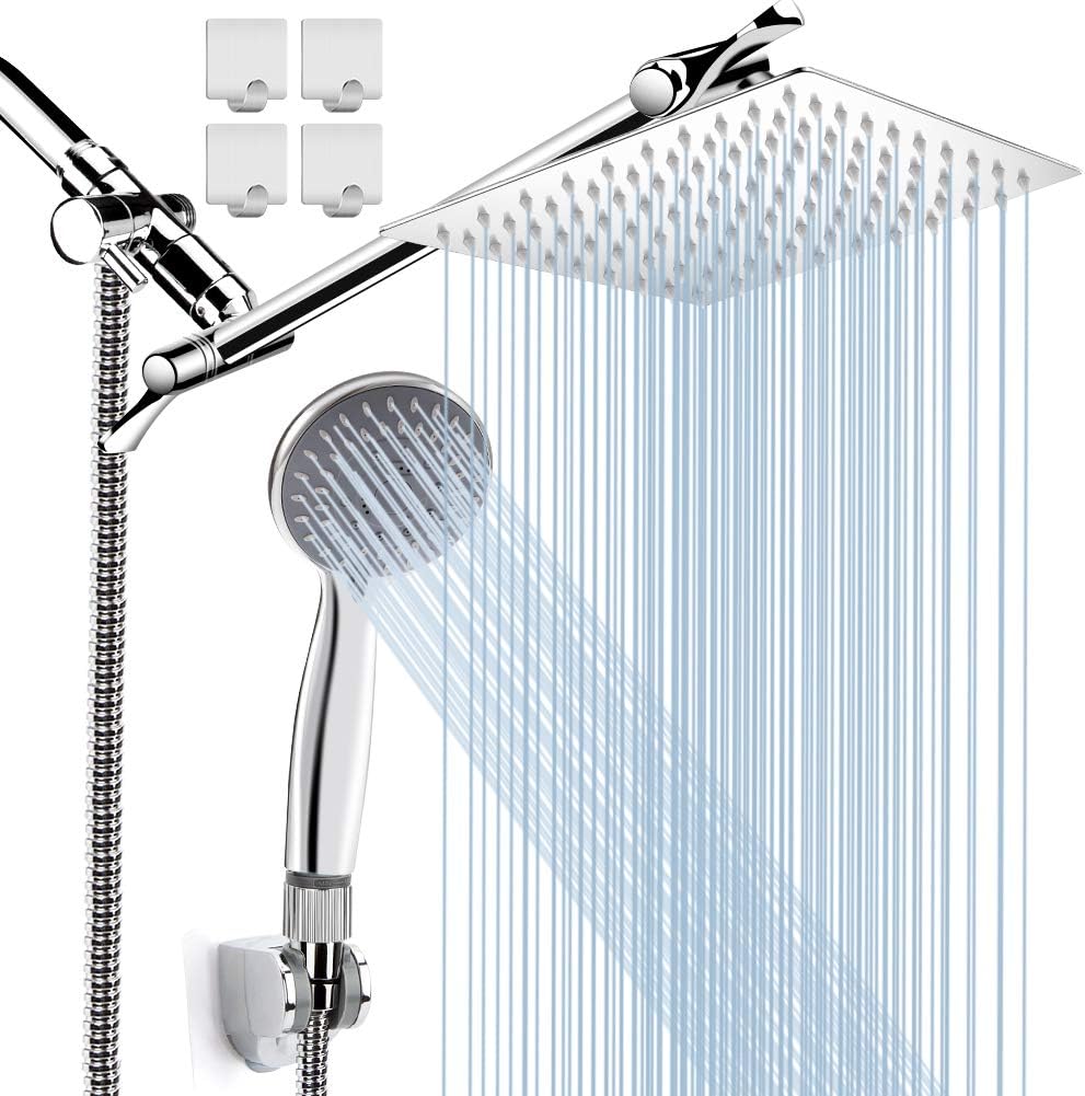 Chrome Stainless Steel Rainfall Shower Head Combo with Extension Arm, Holder, Hose, 4 Hooks, Pack of 2 T12472