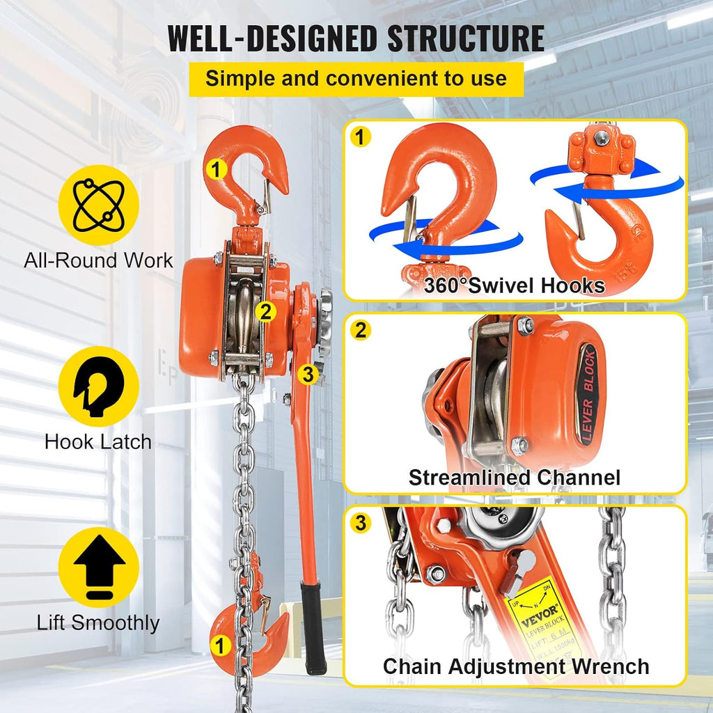1.5Ton 3300lbs Capacity Ratchet Puller with 20FT Lifting Height, 2 Heavy Duty Steel Hooks C20134
