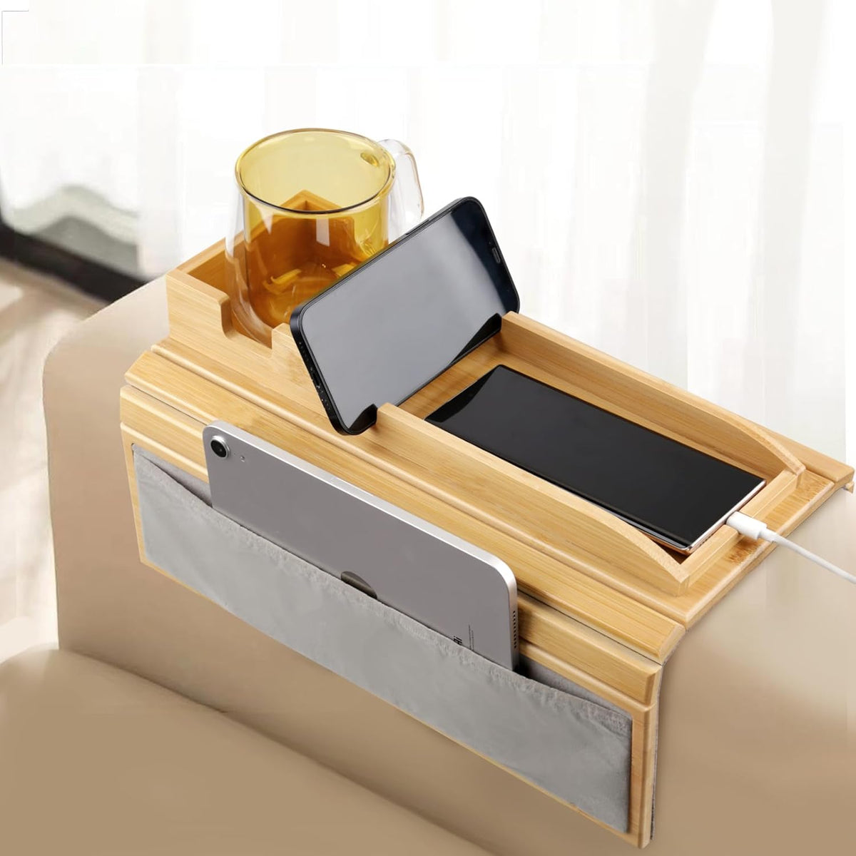 Natural Bamboo Couch Cup Holder Tray with Side Storage Pocket S9295