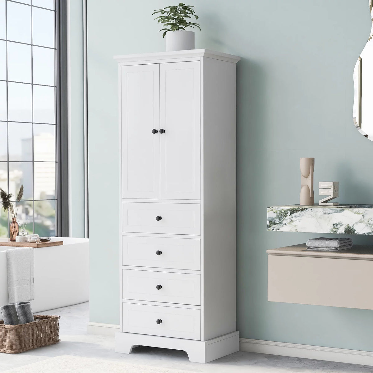 White Wooden Storage Cabinet with Adjustable Shelves and Drawers K2951