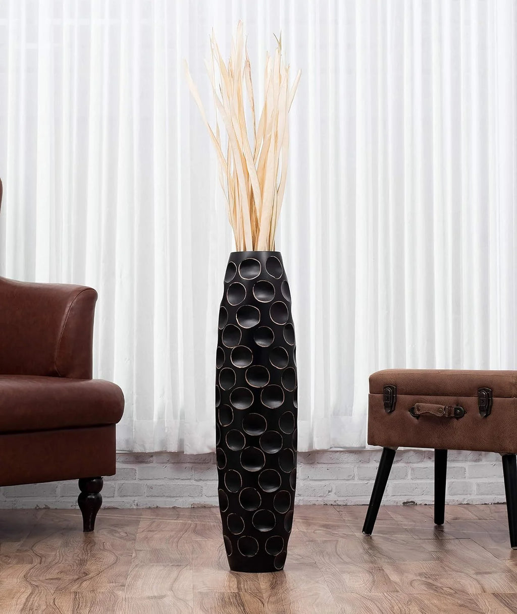 Large Black Handmade Wood Floor Vase 28 inches Z338659