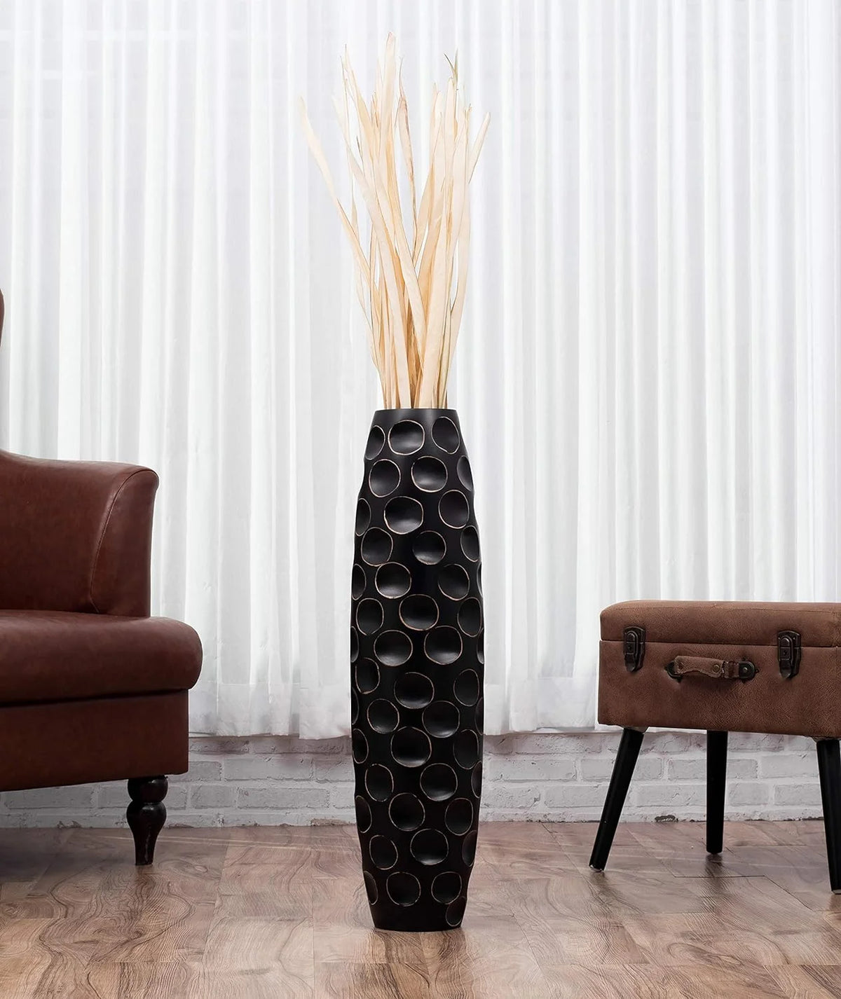 Large Black Handmade Wood Floor Vase 28 inches Z338659